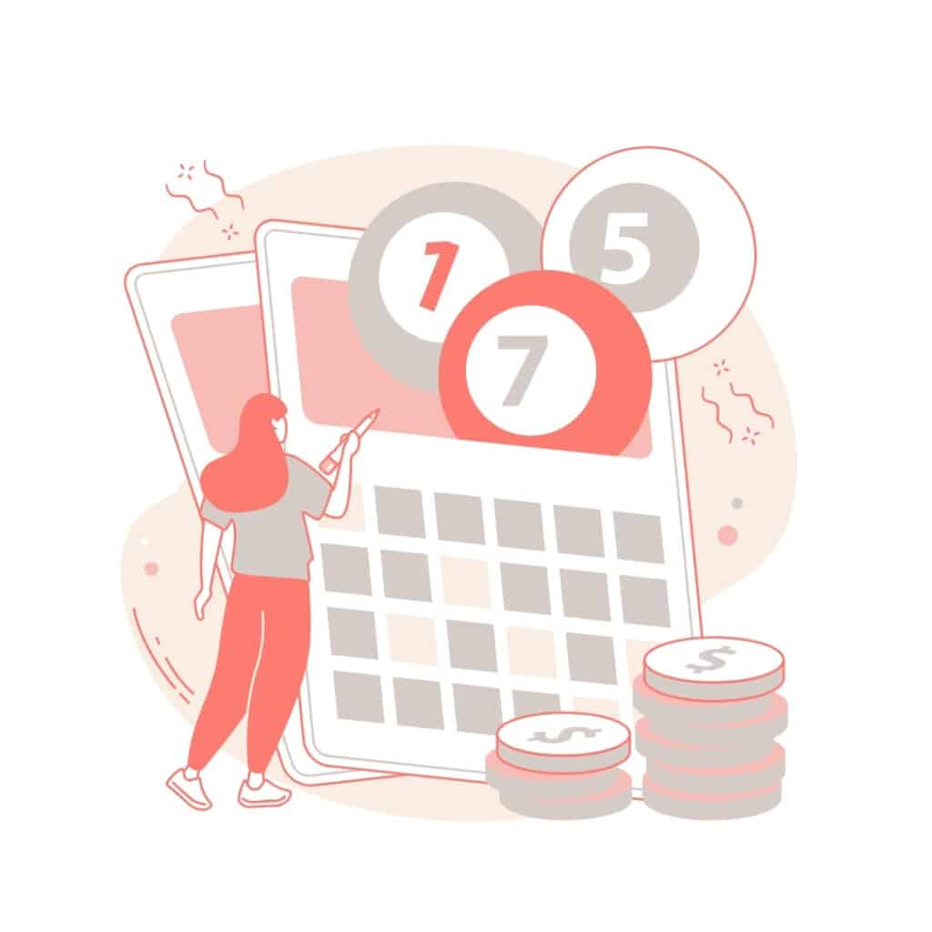Illustration of a person standing by a large calendar displaying lottery numbers 1, 5, 7 with coins nearby.