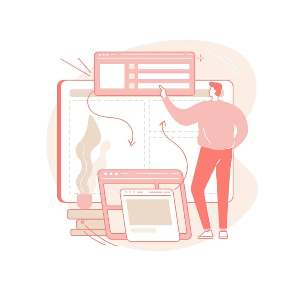 Illustrator planning and arranging website layouts on a large workspace with stacked mockups and a designer pointing at the screen.