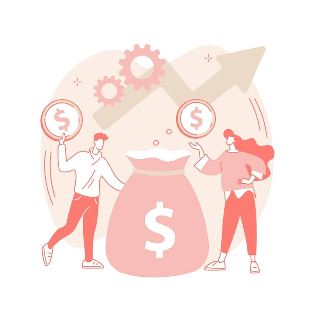 Two people juggling dollar coins and a large money bag, with gears and an upward arrow—symbolizing financial growth or investment teamwork.